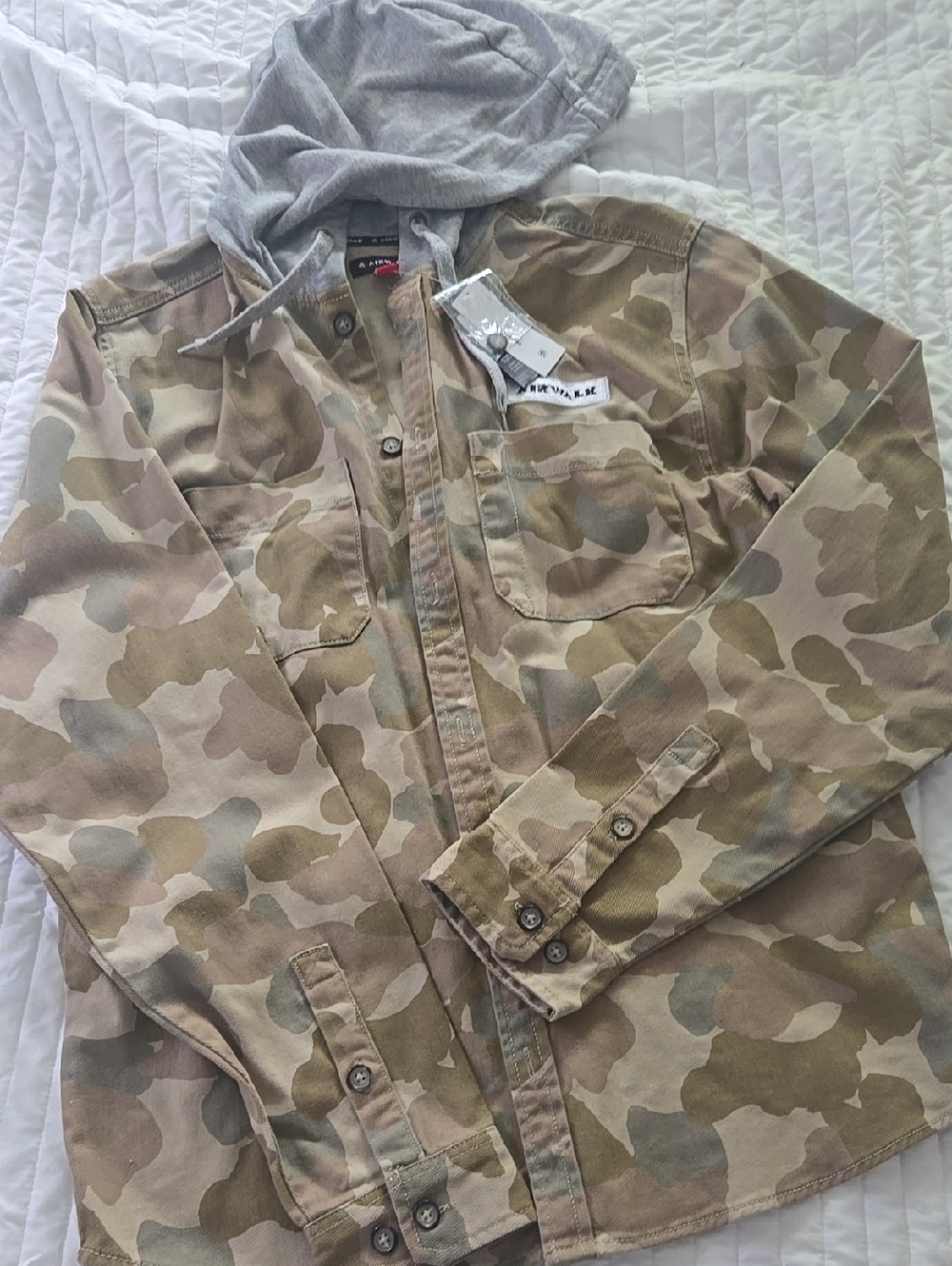 Camouflage Utility Jacket with Gray Hood
